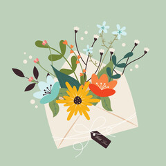 Floral isolated handwritten postal card and envelope with postage stamp. Modern collection of love and friendship letter designs.Conceptual drawing of mail.