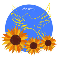 Sunflowers and a bird against the blue sky. Symbol of peace in Ukraine. No war! 