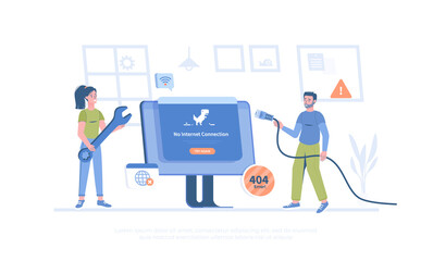 Fototapeta na wymiar No Internet Connection. Web page not loading. Offline error, No Wi-Fi signal. The network cable is disconnected. Cartoon modern flat vector illustration for banner, website design, landing page.