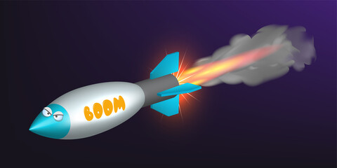 Fototapeta na wymiar 3D volumetric cartoon evil flying military rocket with eyes and a jet of fire on a dark background