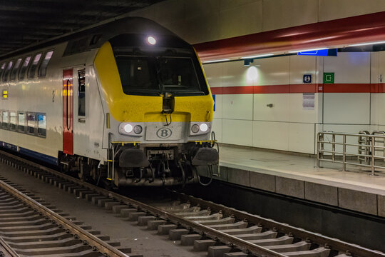 BRUSSELS, BELGIUM - MAY 19, 2016: Train of the SNCB (National Railway Company of Belgium) at the Brussels Airport-Zaventem (formerly Brussels National Airport Station).