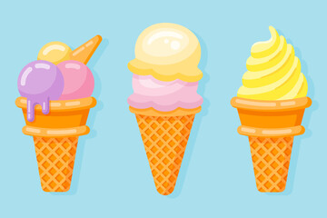 Set of Ice creams in waffle cones isolated on blue background. Flat style vector illustration.