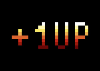 A retro vintage 8-bit style video game screen illustration, with the text message Plus One, Up (referring to the level). Isolated on black.
