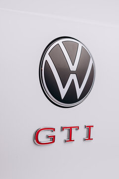 Vinnitsa, Ukraine - June 01, 2021.  Volkswagen Golf 8 GTI - new model car presentation in showroom - logo