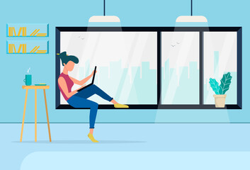 A beautiful girl works in a laptop remotely and sit on the windowsill. Freelance work or remote work. Modern vector illustration in flat style