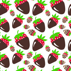 Vector strawberry in dark chocolate seamless pattern. Cartoon strawberry in dark chocolate. sweet desert. Design for wrapping paper, textile, valentine's  day decoration.