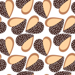 Heart cookie with white pearl. Vector seamless pattern with heart shaped cookie. Design for Valentine's Day, love cards, decor, wrapping paper.