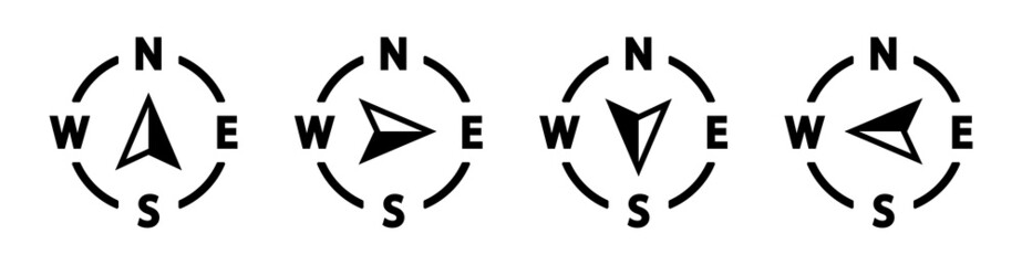Vector compass icons of north, south, east and west direction. Map symbol. Arrow icon. Vector illustration.	