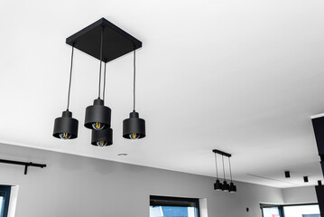 Modern chandeliers with tube shaped LED bulbs, covered with matt black paint, four and three bulbs...