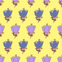 Lilac and blue ornate flower art vector seamless repeat pattern on a yellow background