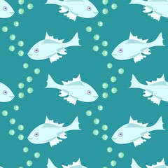 Cute silver fish with bubbles vector seamless repeatable pattern on a sea blue background