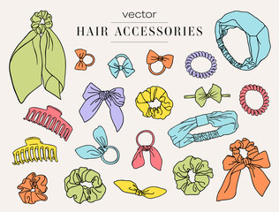 Hair accessoires collection. Bundle of vector scrunchies, hair ties, bows, clips, headbands, hairgrip graphics. - obrazy, fototapety, plakaty