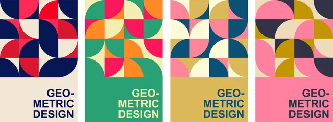 A collection of mid-century geometric abstract patterns with simple shapes and elements, retro color palette, best used in web design, business cards, invitations, posters, templates, textile prints. © Bo