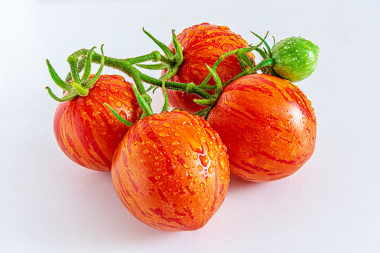 Tomatoes striped tomato close-up on a white plate, cultivar Tigerella.