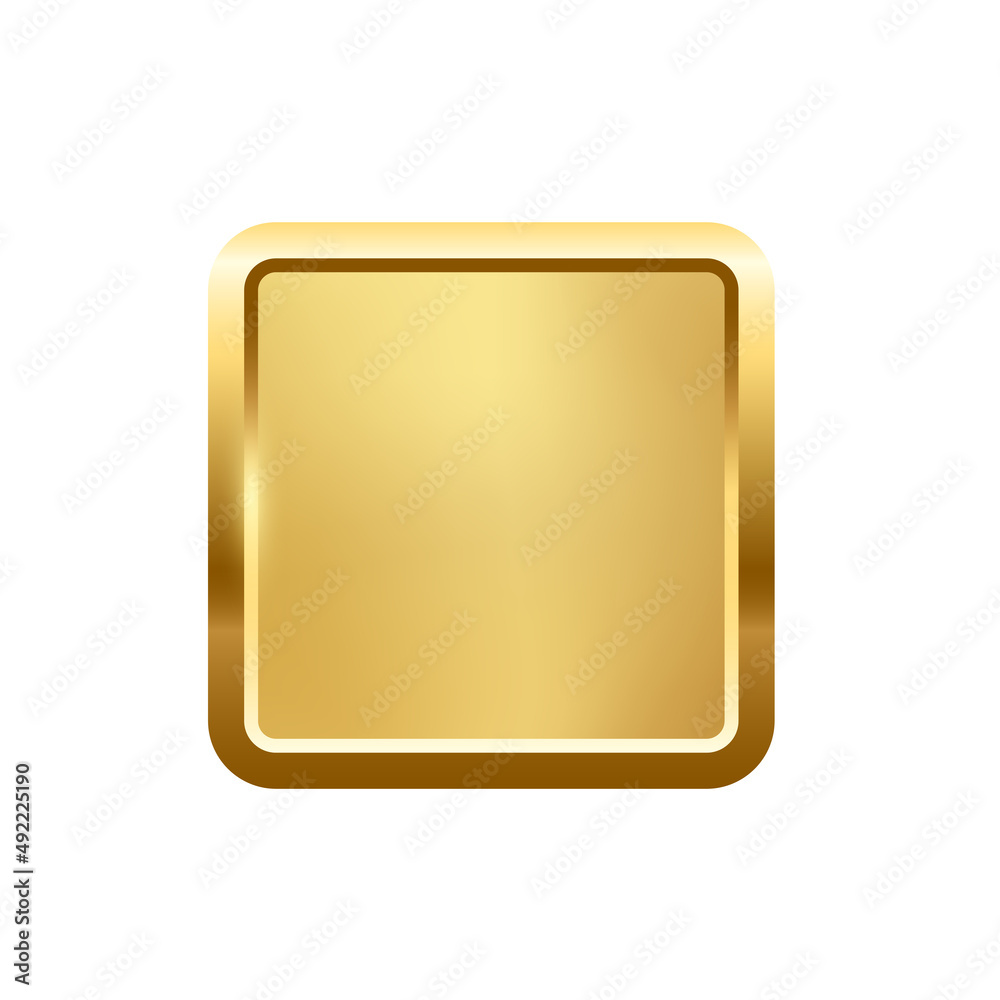Sticker gold square button with frame, 3d golden glossy elegant design for empty emblem