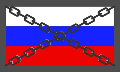 Russian flag in chains. Country isolation, conceptual banner. Sanctions against Russian aggression. Trade embargo. Flat vector illustration