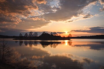 Beautiful morning spring landscape. Sunrise over the lake with a beautiful sky.