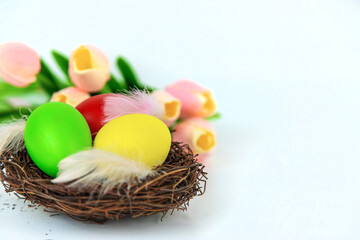 Beautiful Easter decor on a white background. Selective focus.