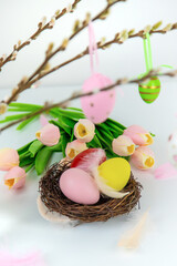 Beautiful Easter decor on a white background. Selective focus.