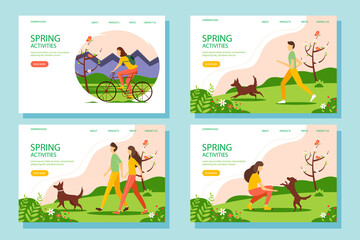 Spring activity web banner set. The concept of an active and healthy lifestyle. Vector illustration in flat style.	