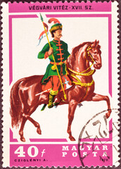 Cancelled postage stamp printed by Hungary, that shows Lancer, 17th century - Horse (Equus ferus...