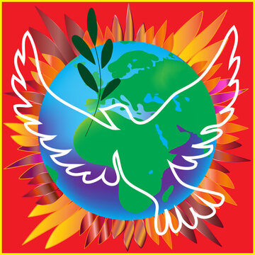 Silhouette of a white dove on the background of the globe surrounded by flames. Peace logo. Poster for presentations against the war.