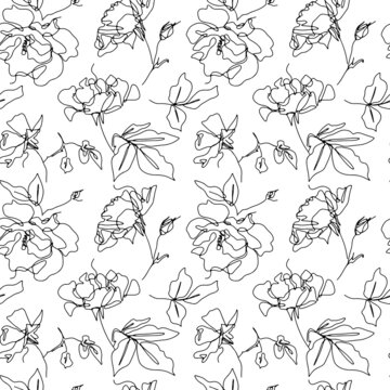 Monochrome seamless pattern with rose flowers line drawings. Endless floral background.
