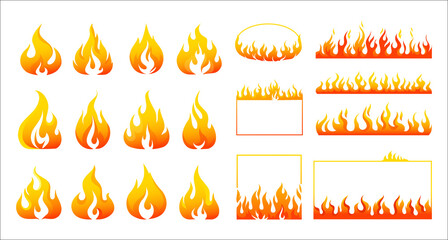 Fire flame. Burning campfire logo. Flaming badge. Igniting border and lines. Fiery round and square frames. Orange bonfire signs. Warning combustion symbols. Vector blaze elements set © SpicyTruffel