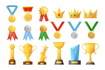 Cartoon trophies. Golden silver and bronze medals. First place cups and awards for competitions or challenges. Gold goblets and crowns. Winning badges and tiaras. Vector rewards set
