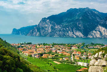 Panorama of the gorgeous Lake Garda surrounded by mountains in Riva del Garda, Italy. Lake Garda...