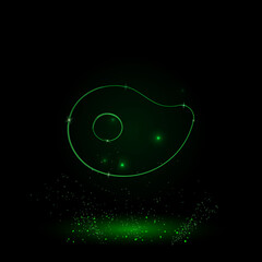 A large green outline steak symbol on the center. Green Neon style. Neon color with shiny stars. Vector illustration on black background