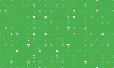 Seamless background pattern of evenly spaced white bikini symbols of different sizes and opacity. Vector illustration on green background with stars