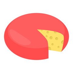 red cheese wheel Concept, small snack wax vector color icon design, Caseiculture symbol, Cheesemaking Production Factory  Sign, dairy products and food preservation process stock illustration