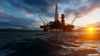 Helicopter flying from oil rig platform towards magical sunset, 4K