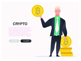 Buy Bitcoin online. People business character hold cryptocurrency in hands.  Web banner of blockchain technology, bitcoin, altcoins mining, digital money vector cartoon illustration