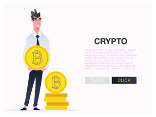 Buy Bitcoin online. People business character hold cryptocurrency in hands.  Web banner of blockchain technology, bitcoin, altcoins mining, digital money vector cartoon illustration