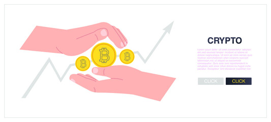 Buy Bitcoin online web banner. Cartoon hands purchase cryptocurrency. Web banner of blockchain technology, bitcoin, altcoins mining vector. Digital money market analysis, graph data statistics.