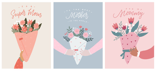 set of Mother's day greeting cards, posters, prints, invitations, banners decorated with lettering quotes and bouquets of flowers. EPS 10