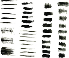 Vector collection of artistic grungy black paint hand made creative brush stroke set isolated on white background.