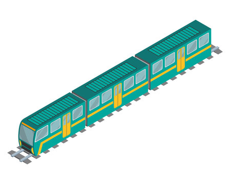 Isometric subway train concept. Underground public transport, rail vehicle, urban travel concept. Banner vector template. High speed inter-city commuter train. Public electric transport