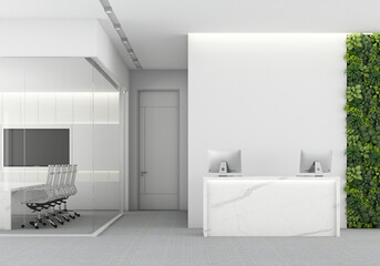 Front view of a white marble reception desk with two laptops standing on it in front of a modern office wall. with vertical garden grass wall and meeting room on carpet floor. 3d rendering, mock up