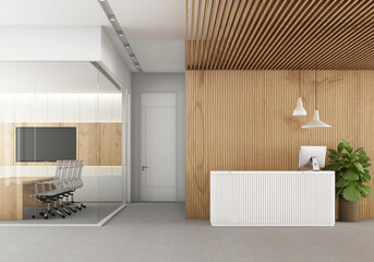 Front view of a white wood reception desk with laptops standing on it in front of a modern office wall. wooden slats wall and ceiling and meeting room on carpet floor and pendant 3d rendering, mock up - 492234323