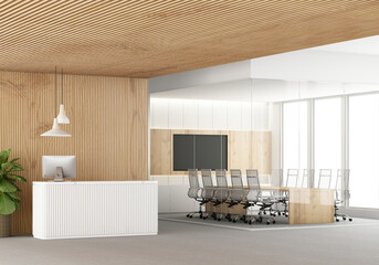 Front view of a white wood reception desk with laptops standing on it in front of a modern office wall. wooden slats wall and ceiling and meeting room on carpet floor and pendant 3d rendering, mock up - 492234333