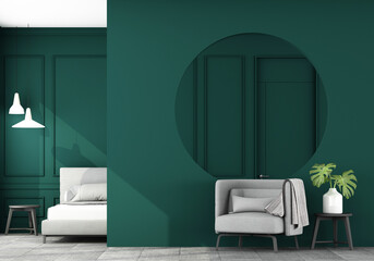 Stylish living green tone room interior of modern apartment and trendy furniture, gray sofa on concrete tile floor and void circle wall and elegant accessories. Home decor, 3D render, 3D illustration