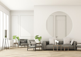Stylish living room interior of modern apartment and trendy furniture, gray sofa on parquet wooden floor and elegant accessories. Home decor. Template, 3D render, 3D illustration