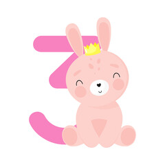 Birthday Party, Greeting Card, Party Invitation. Kids illustration with Cute Rabbit and an inscription three. Vector illustration in cartoon style.