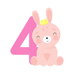 Birthday Party, Greeting Card, Party Invitation. Kids illustration with Cute Rabbit and an inscription four. Vector illustration in cartoon style.