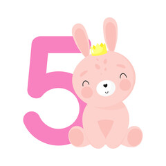 Birthday Party, Greeting Card, Party Invitation. Kids illustration with Cute Rabbit and an inscription five. Vector illustration in cartoon style.