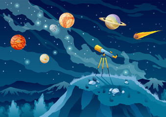 Telescope for space exploration, science discovery and astronomy studying. Against the background of a dark sky with stars and planets. Night landscape with glass on tripod on hill