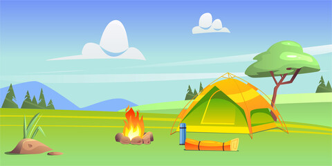 Fototapeta na wymiar Summer camp with tent, bonfire, carimat, thermos.Tourist travel. Vector illustration in сartoon style. Camping.